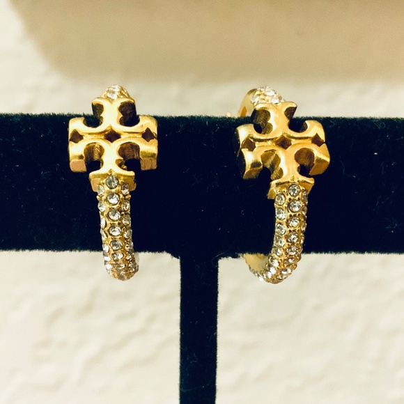 Tory Burch Eleanor Pave Crystal Gold Hoop Earrings NWT - Picture 9 of 16